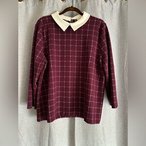 Loft Burgundy and Plaid Cream Collared Business Casual Top, XL